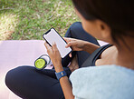 Phone mockup, fitness and woman in nature for training with a mobile app, online workout and marketing exercise on social media. Space, advertising and athlete with a mobile for park sports in USA