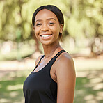 Park, fitness or portrait of a black woman in exercise workout or training in nature with goals. Wellness, face or healthy gen z girl with a calm, peaceful or happy smile in Nigeria with freedom