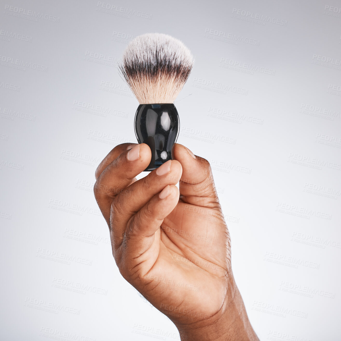 Buy stock photo Hand, brush and shaving with beauty and black man, hygiene and grooming with skincare mockup. Shave, body hair care and cosmetic tools marketing with barber equipment against studio background