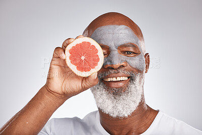 Buy stock photo Beauty, face mask or happy old man with grapefruit marketing or advertising natural vegan diet for glowing skin. Cream, portrait, senior black man with skincare or healthy facial grooming cosmetics