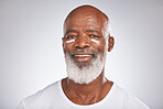 Facial cream, beauty and skincare of senior man in studio for self care with dermatology and cosmetics product on skin. Portrait of happy black male with sunscreen or lotion for glow and moisturizer