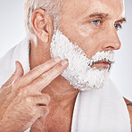 Man face, hands or grooming shaving foam in health maintenance or beauty aesthetic on gray studio background. Zoom, mature model or hair removal cream in facial cleaning, growth or hygiene skincare