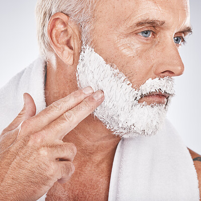 Buy stock photo Man face, hands or grooming shaving foam in health maintenance or beauty aesthetic on gray studio background. Zoom, mature model or hair removal cream in facial cleaning, growth or hygiene skincare