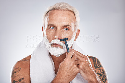 Buy stock photo Man, face or shaving foam grooming in self love maintenance, beauty aesthetic or gray studio background. Zoom, mature or model and hair removal cream, facial razor cleaning or hygiene skincare growth