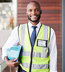 Face portrait, black man and construction architect with all access pass for summit conference. Engineer, architecture and happy male contractor, worker or employee holding safety helmet at workshop