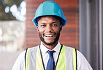 Portrait, engineer and black man with helmet, smile and construction planning. Architect, African American male or employee with idea for new building, safety hard hat and protection for architecture