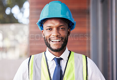 Buy stock photo Portrait, engineer and black man with helmet, smile and construction planning. Architect, African American male or employee with idea for new building, safety hard hat and protection for architecture