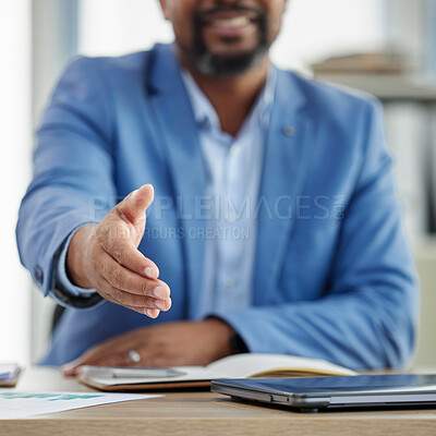 Buy stock photo Handshake, hand for hiring with human resources and businessman, manager with onboarding and welcome to company. Partnership, agreement and deal with corporate hr, recruitment and professional desk