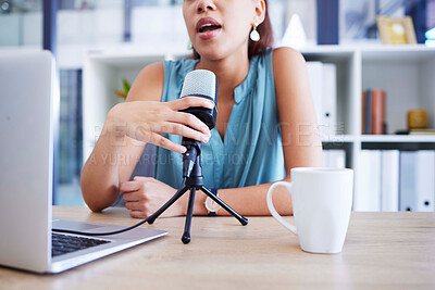 Buy stock photo Microphone, influencer and radio with a woman presenter using a laptop to live broadcast while streaming in her home office. Podcast, news and network with a female freelance worker sitting at a desk