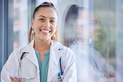 Buy stock photo Health portrait, doctor and woman with smile in hospital, happy with success in cardiovascular healthcare. Medical professional smile, cardiology and female in medicine with health care mockup