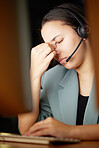 Stress, headache and call center woman on computer telemarketing fail, anxiety or burnout in global, virtual customer support. Tired, fatigue financial advisor or consultant frustrated, sad or angry