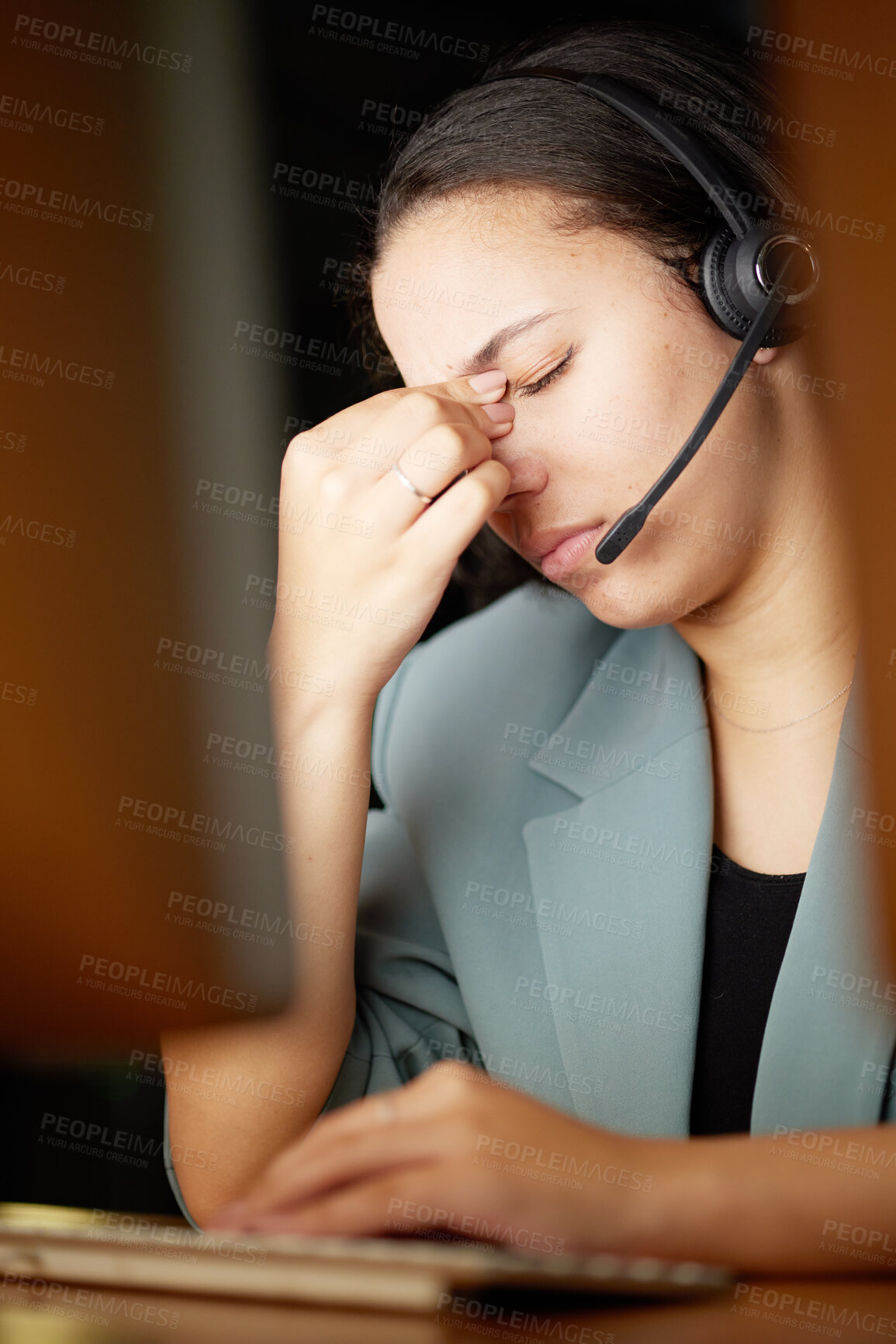 Buy stock photo Stress, headache and call center woman on computer telemarketing fail, anxiety or burnout in global, virtual customer support. Tired, fatigue financial advisor or consultant frustrated, sad or angry