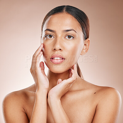 Buy stock photo Skincare, beauty and portrait of woman with glowing skin and on studio background in Atlanta. Makeup, glamour and luxury care with hands on face and natural cosmetics for detox facial on black woman.