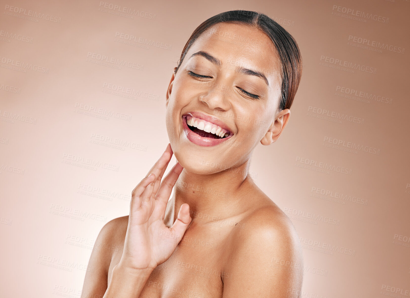 Buy stock photo Skincare, beauty and smile, woman with eyes closed on studio background, happy laugh in portrait. Makeup, glamour and luxury skin care with hand on face, natural cosmetic detox facial on happy woman.