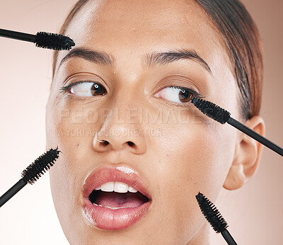 Buy stock photo Woman, studio and makeup brush for mascara, beauty and eyes with wellness, skin glow or wow by backdrop. Model, black woman and eye brushes for skincare cosmetics, lashes or surprise for aesthetic
