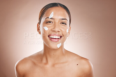 Buy stock photo Face skincare, cream and black woman for beauty, cosmetics or healthy glow on studio mockup product advertising. Young model in happy portrait for sunscreen, dermatology skin care or facial promotion