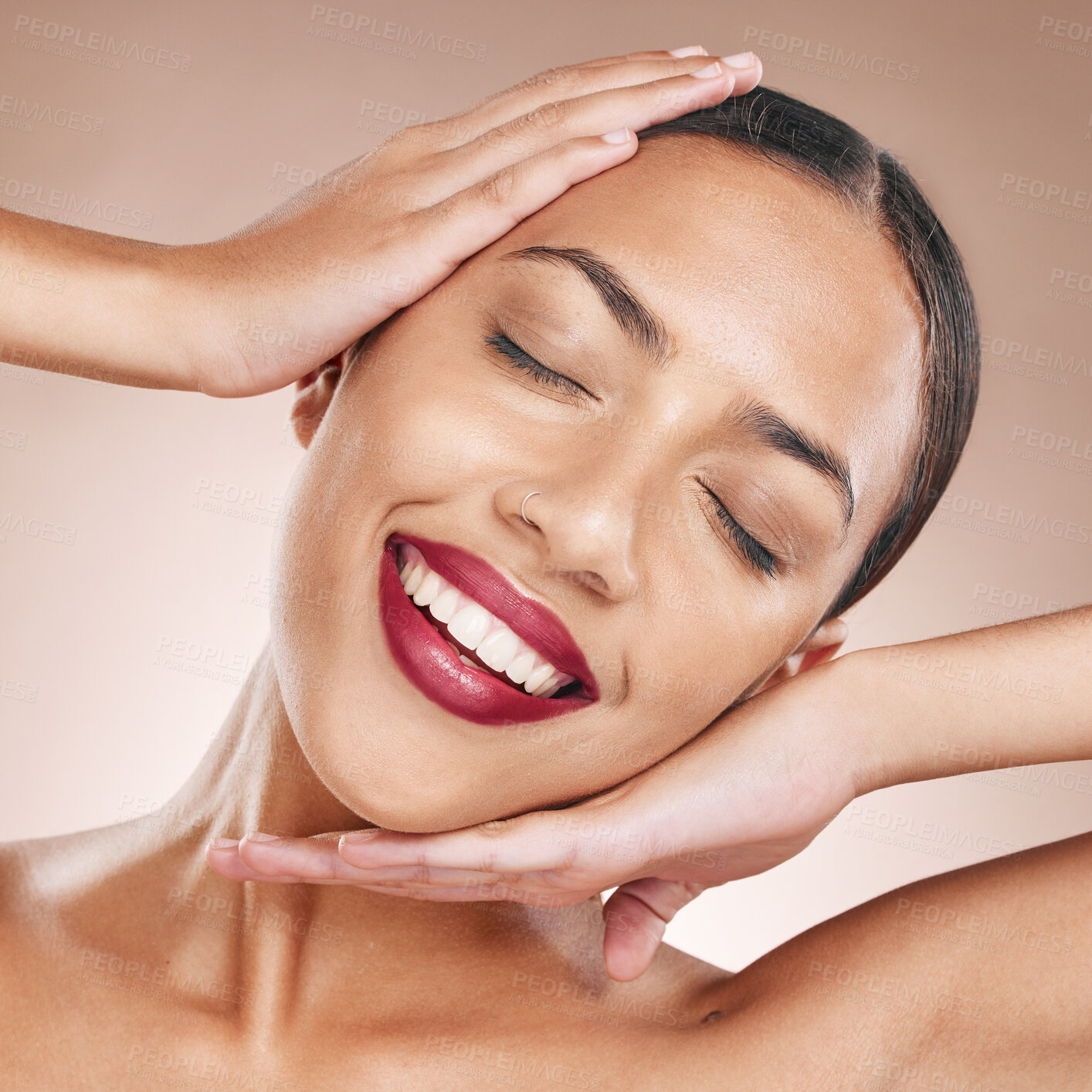 Buy stock photo Face, beauty and woman with lipstick, hands frame and cosmetic care for lips, makeup against studio background. Teeth, dental and skincare wellness with cosmetics product, smile and microblading 