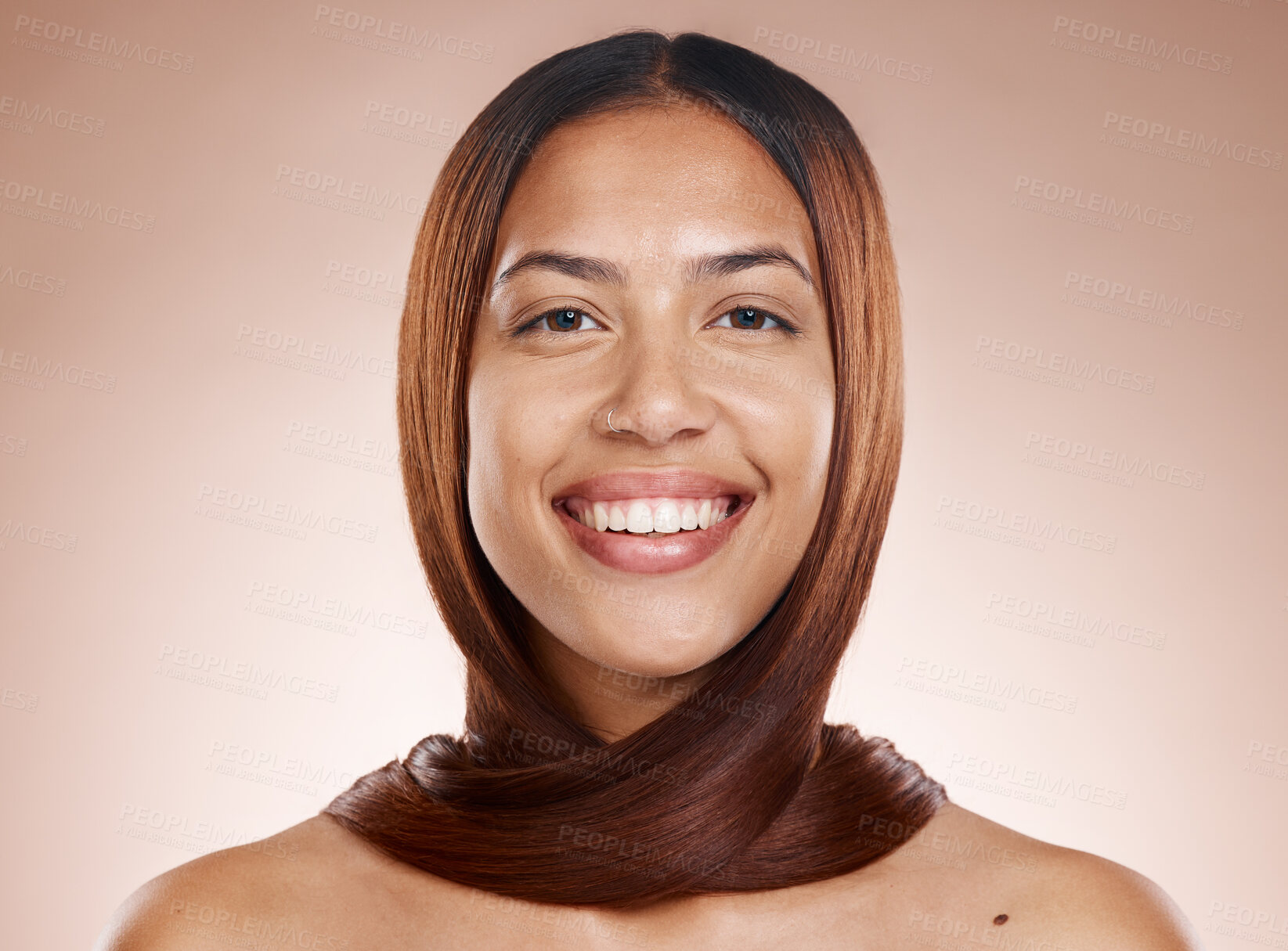 Buy stock photo Woman, smile portrait and hair care wellness, skincare beauty and cosmetics spa dermatology in brown background studio. Happy model, facial care glow and keratin hair shine or healthy hair confidence