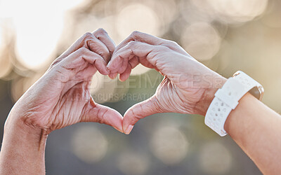 Buy stock photo Heart, nature or hands with love sign for peace, trust or hope in hiking workout, park exercise or fitness training. Wellness, freedom or healthy senior person with hand gesture, goals or motivation