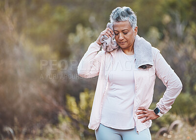 Buy stock photo Senior woman, tired and towel for sweating at park after training or workout mock up. Sports fitness, break and fatigue, exhausted and elderly female wipe sweat with fabric after exercise outdoors.