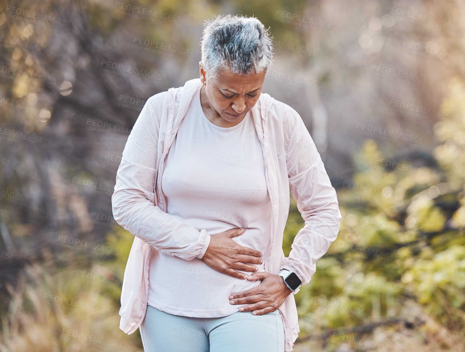 Buy stock photo Exercise, pain and senior woman with injury, park and fitness for wellness, health and emergency. Mature female, athlete and joint massage with muscle sprain, fibromyalgia and retirement in nature 