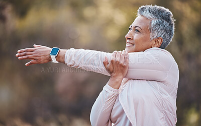 Buy stock photo Fitness, happy or old woman stretching in nature to start training, hiking exercise or workout in Portugal. Wellness, warm up or healthy senior person smiles thinking of goals, vision or motivation