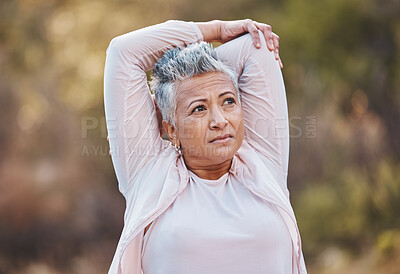 Buy stock photo Fitness, stretching or old woman in nature thinking of body goals starts training, exercise or workout in New Zealand. Wellness, relax or healthy senior person with motivation, resilience or vision 