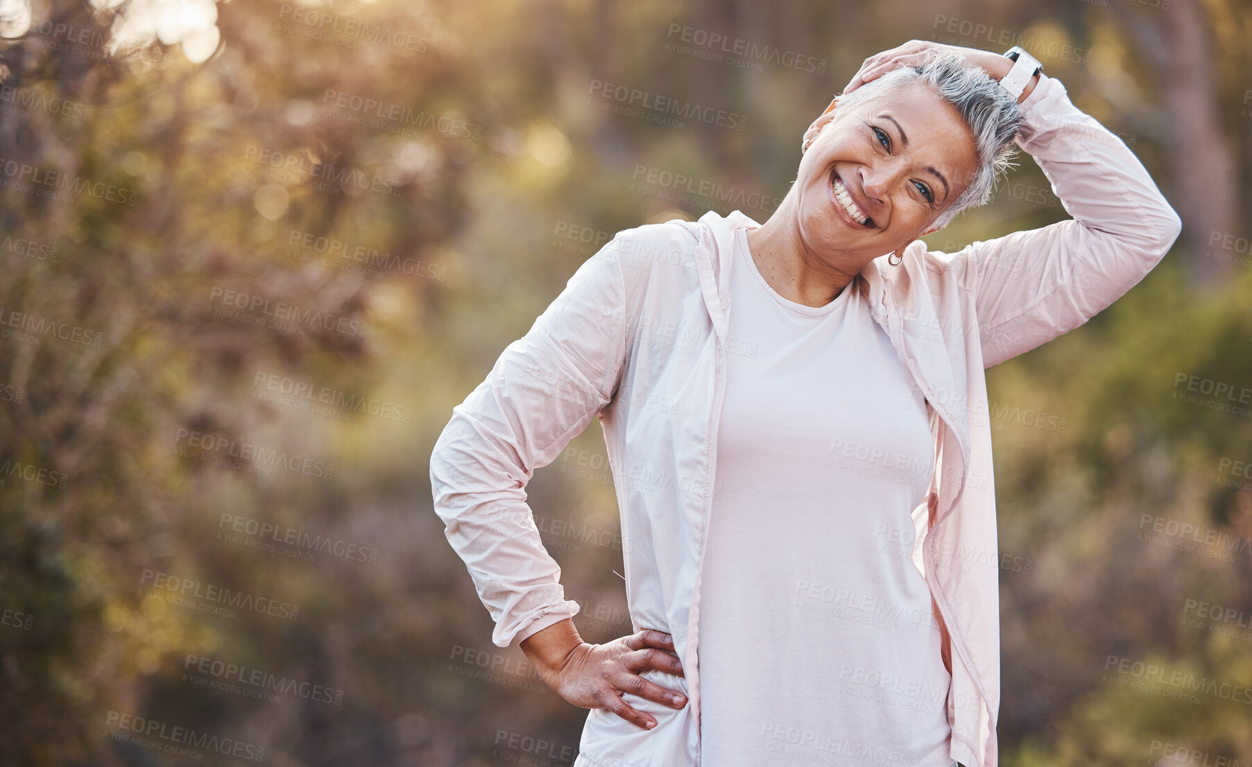 Buy stock photo Fitness, portrait and woman stretching neck for park exercise, running workout or training in Colombia. Happy lady, runner and warm up body in nature for performance, wellness and healthy sport goals