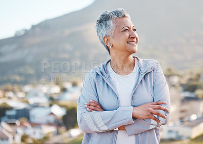 Buy stock photo Elderly woman, thinking and outdoor fitness exercise for calm vision, relax freedom and sports workout in nature. Cardio lifestyle, senior person and athlete smile on mountain top with crossed arms