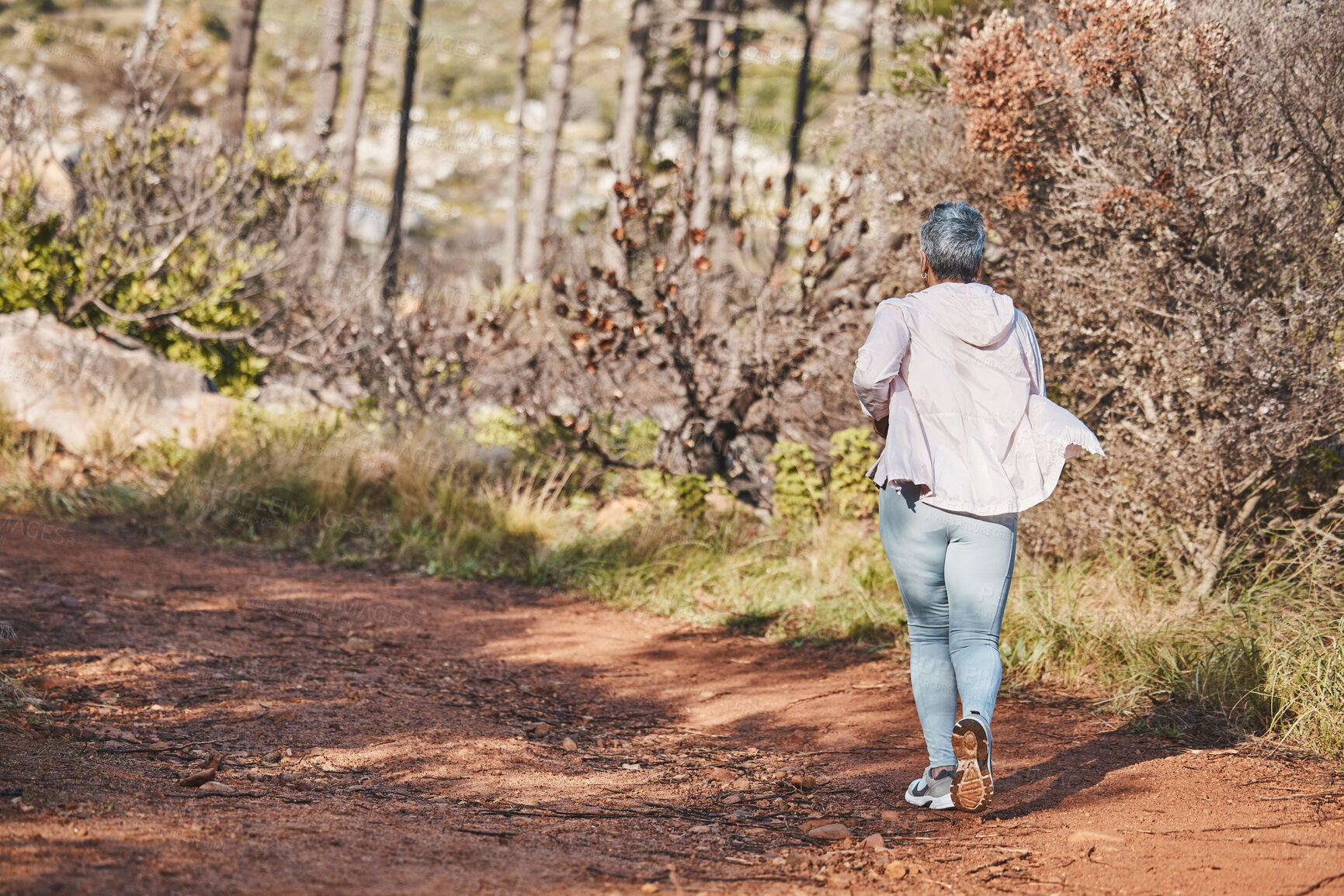 Buy stock photo Fitness, runner or old woman running in nature training, exercise or cardio workout in New Zealand. Back view, wellness or healthy senior person exercising with resilience, body goals or motivation