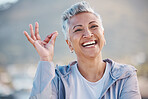 OK hand, fitness senior woman and nature portrait for exercise, wellness or workout success, trust and healthy elderly promotion. Yes sign, happy and retirement woman for sports or wellness journey