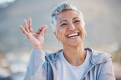 Buy stock photo OK hand, fitness senior woman and nature portrait for exercise, wellness or workout success, trust and healthy elderly promotion. Yes sign, happy and retirement woman for sports or wellness journey