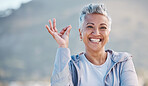 Elderly woman, portrait and OK hand in nature for exercise, training or workout success, trust and healthy elderly promotion. Yes sign, happy and retirement old woman for sports or wellness journey