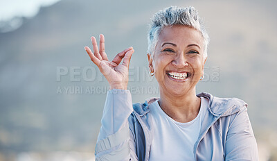 Buy stock photo Elderly woman, portrait and OK hand in nature for exercise, training or workout success, trust and healthy lifestyle promotion. Yes sign, happy and retirement old woman for sports or wellness journey