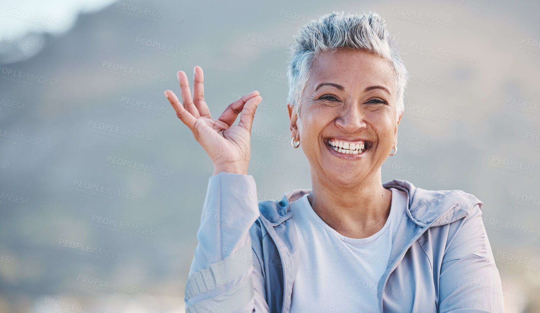 Buy stock photo Elderly woman, portrait and OK hand in nature for exercise, training or workout success, trust and healthy lifestyle promotion. Yes sign, happy and retirement old woman for sports or wellness journey
