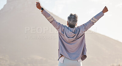 Buy stock photo Winner, fitness and woman and hands in air for exercise, fitness or workout training goals, success and achievement in nature. Winning, freedom and healthy senior or runner rear on mountains mockup