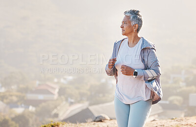 Buy stock photo Running, mature woman and fitness on mountains, nature background and exercise for healthy goals, energy or marathon. Senior lady, cardio and outdoor training workout with motivation, focus or mockup