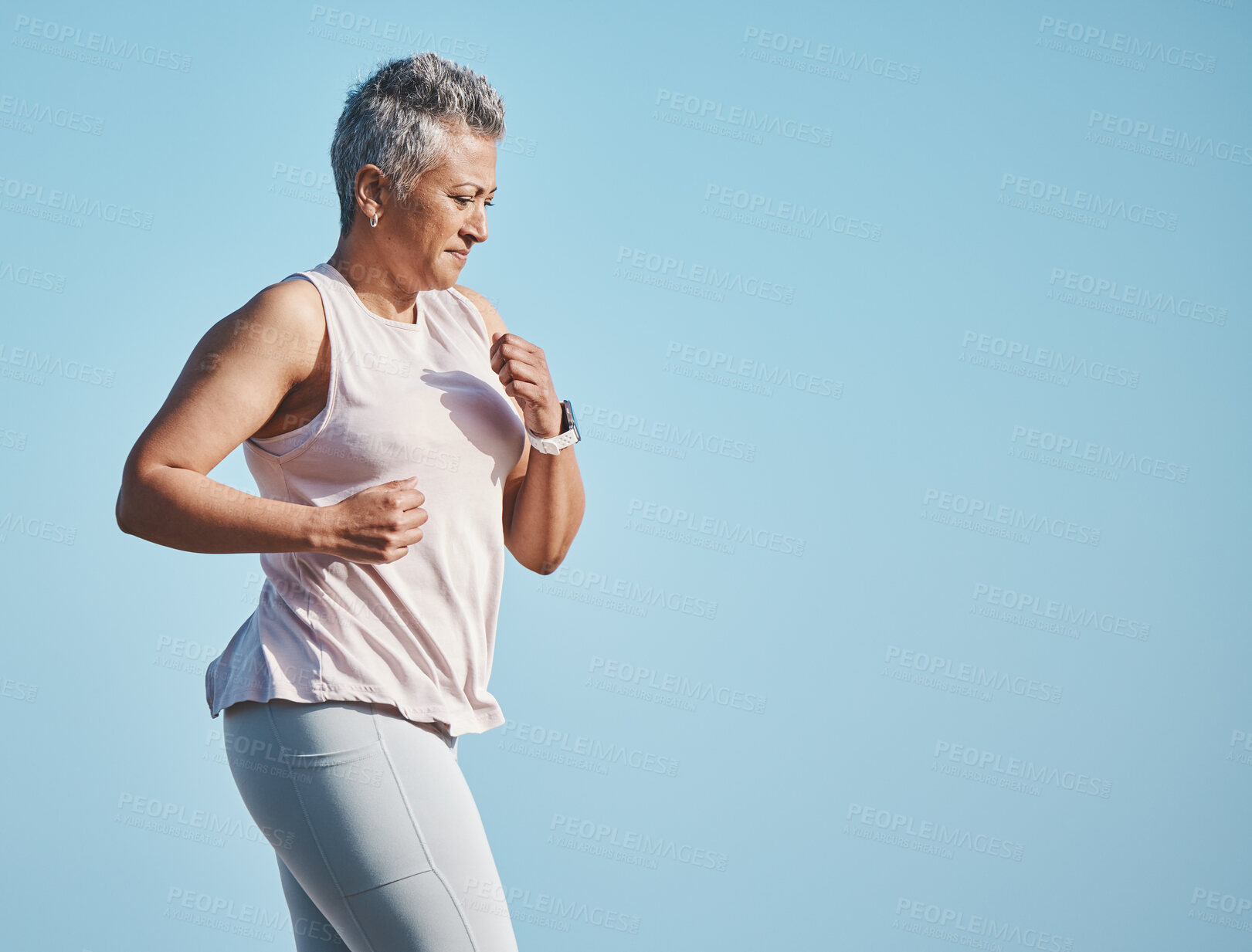 Buy stock photo Fitness, running and senior woman in nature for health, wellness and exercise in Puerto Rico. Sports, runner and elderly female athlete doing an outdoor cardio workout training for a marathon or race