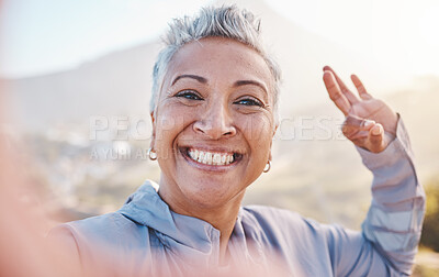 Buy stock photo Elderly woman runner, exercise selfie and smile in nature for fitness, wellness or self care with OK hand sign. Happy senior black woman, profile picture and running by mountains, outdoor and workout