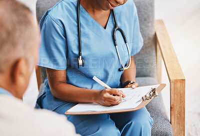 Buy stock photo Nurse, writing notes and medical history with patient for healthcare, research or surgery planning. Closeup doctor, clipboard and consulting test results, medicine questions and checklist information