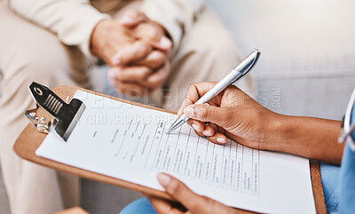 Buy stock photo Nurse, clipboard and pen for checklist with patient, healthcare service and medical information. Closeup doctor hands writing documents, research and questions for report, planning and wellness admin