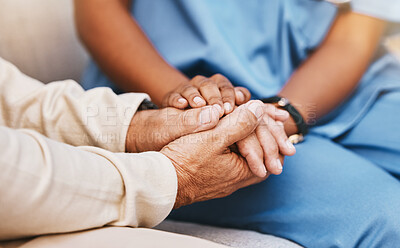 Buy stock photo Nurse, patient and holding hands in nursing home for healthcare, empathy and support in depression, anxiety and psychology. Medical counseling, therapy and caregiver with hope, advice and counseling