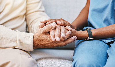 Buy stock photo Nurse, hands and senior patient in empathy, safety and support of help, trust and healthcare consulting. Nursing home, counseling and gratitude for medical caregiver, client and hope in consultation 