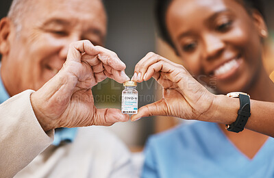 Buy stock photo Corona virus vaccine, heart hands and people with vial in nursing home in support of medical innovation, medicine product or bottle. Covid 19 vaccination, healthcare and finger shape of patient trust