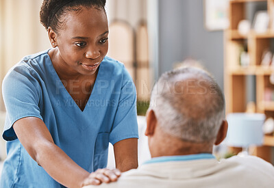 Buy stock photo Help, support and medical with nurse and old man for retirement, rehabilitation or healing. Empathy, physical therapy and healthcare with patient and black woman in nursing home for caregiver service