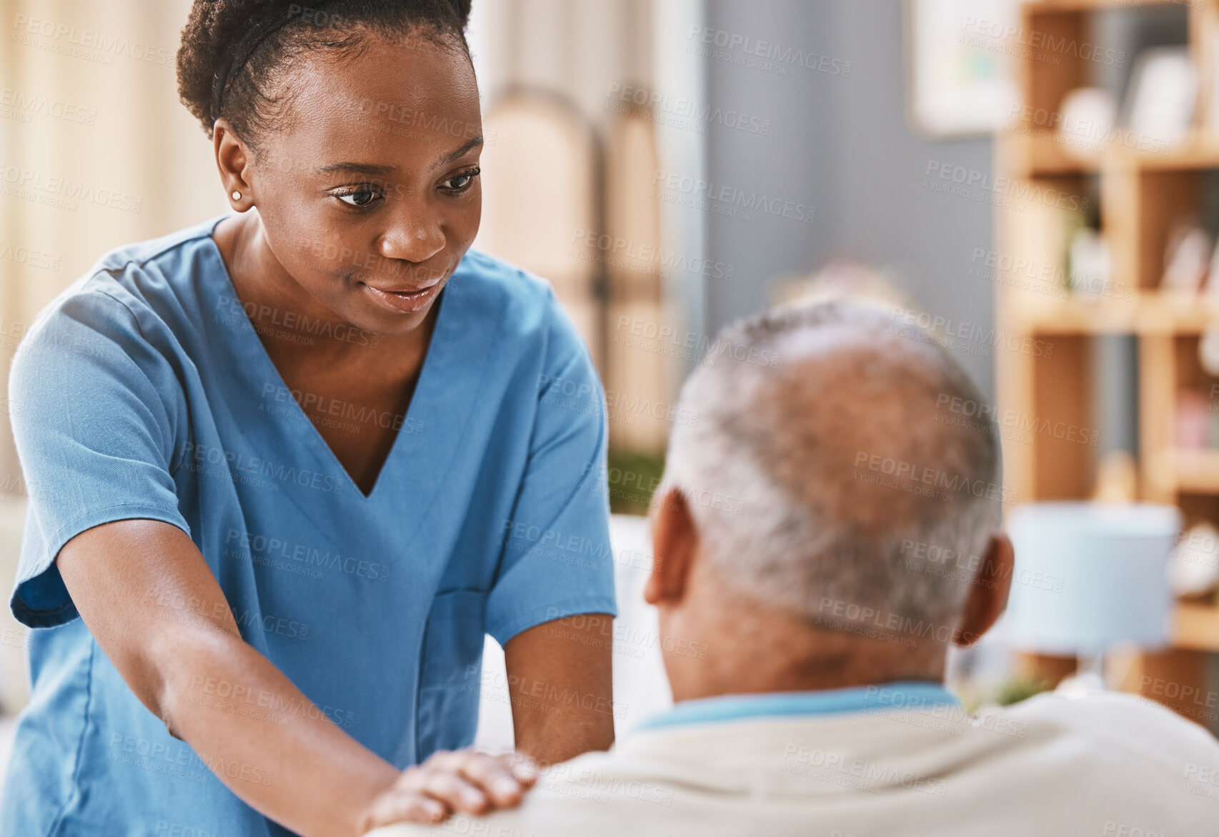 Buy stock photo Help, support and medical with nurse and old man for retirement, rehabilitation or healing. Empathy, physical therapy and healthcare with patient and black woman in nursing home for caregiver service