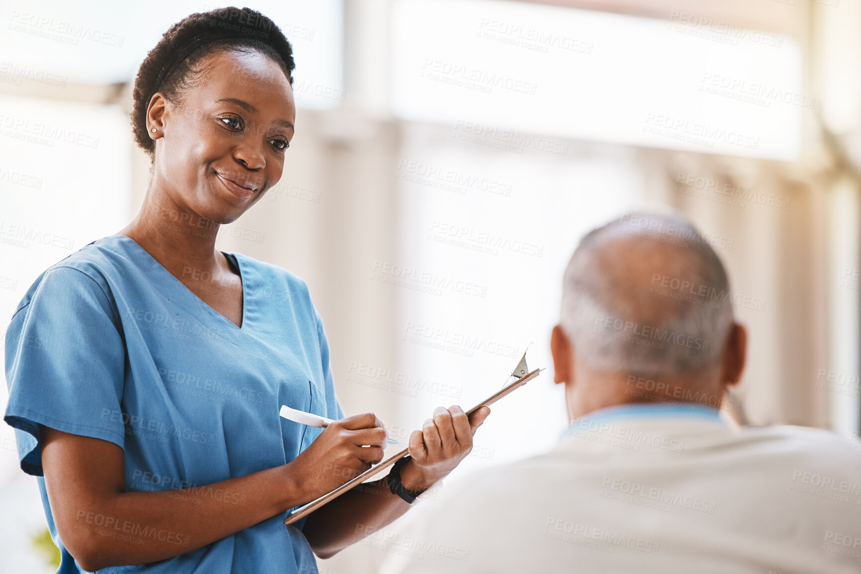 Buy stock photo Consulting, medical and checklist with old man and nurse for retirement, rehabilitation or physical therapy. Help, empathy and healing with patient and black woman in nursing home for healthcare exam