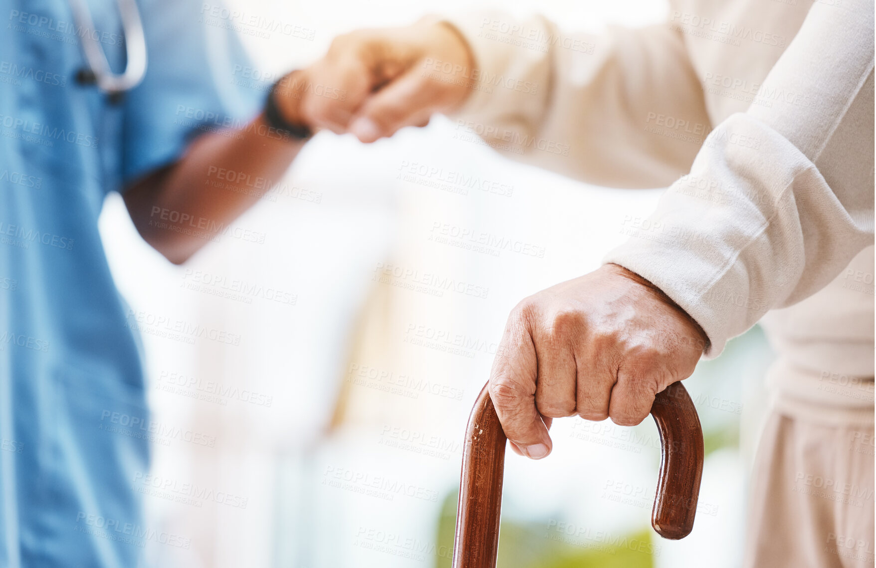 Buy stock photo Walking stick, nurse and hands helping patient, support and therapy of disability, parkinson or arthritis. Cane, disabled old man and physiotherapy in nursing home, elderly healthcare or osteoporosis