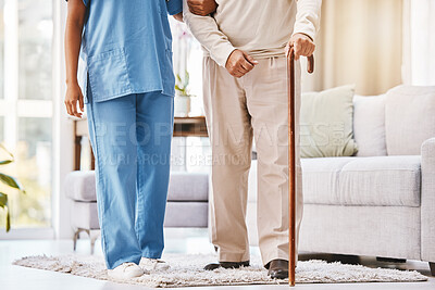 Buy stock photo Walking stick, nursing home and senior patient with medical help, support and therapy for disability, cancer and arthritis. Cane, elderly disabled man and caregiver for sick, osteoporosis and service