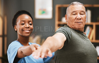 Buy stock photo Patient stretching, physiotherapist black woman and physical therapy help for muscle or arthritis exercise in consulting exam. Physiotherapy, chiropractor and healthcare rehabilitation support of man